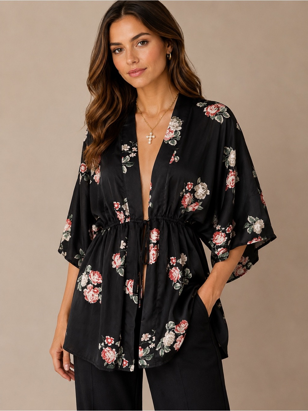 Floral Satin Kimono Style Front Tie Top- Black/Pink